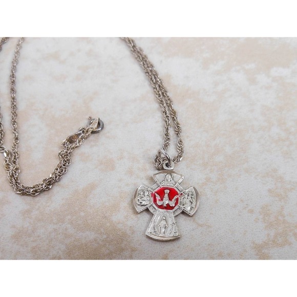 Vintage Sterling 4 Way Saints Cross Charm Pendant Necklace 18 Inch - Picture 3 of 6